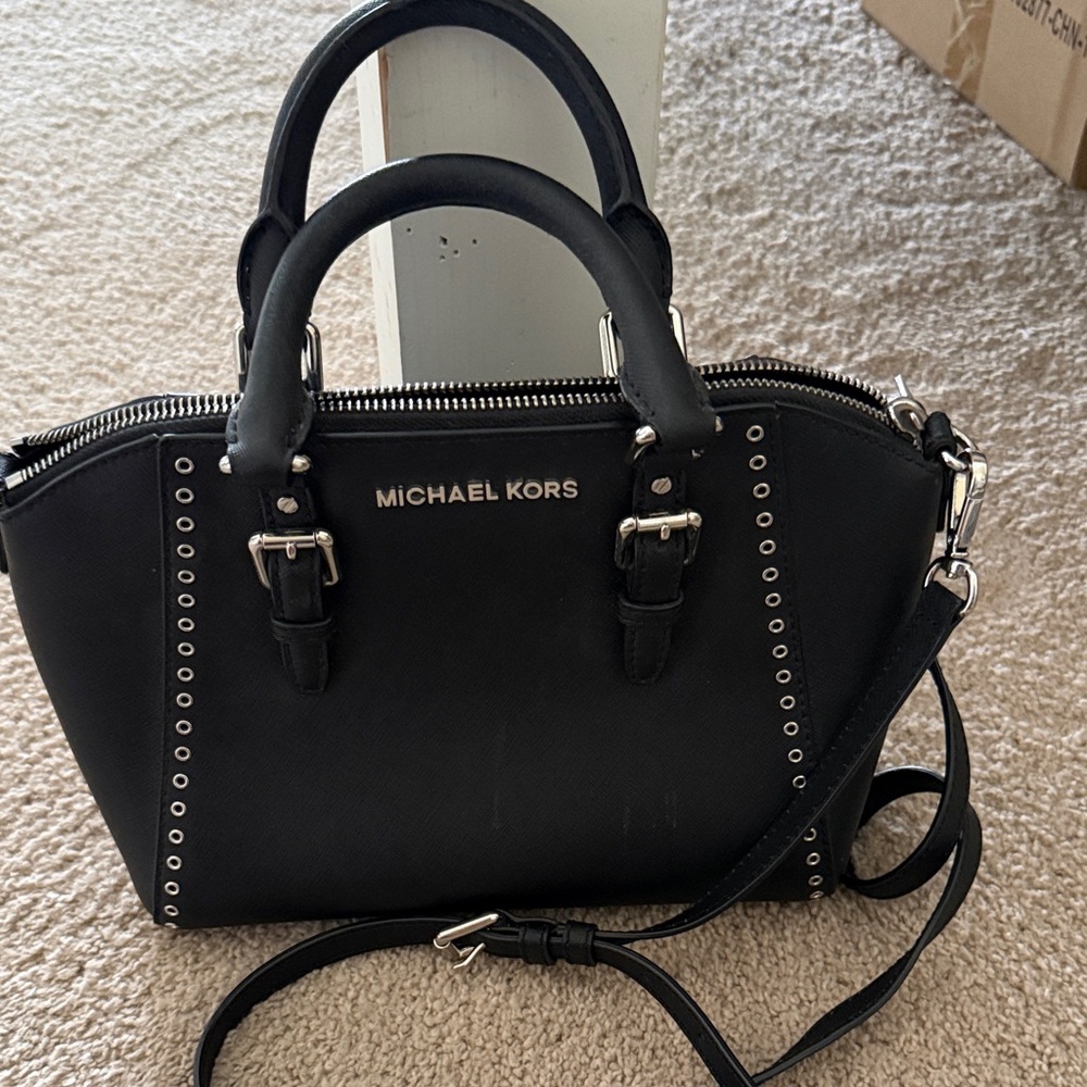 Michael Kors Black Stud-Trim Saffiano Satchel